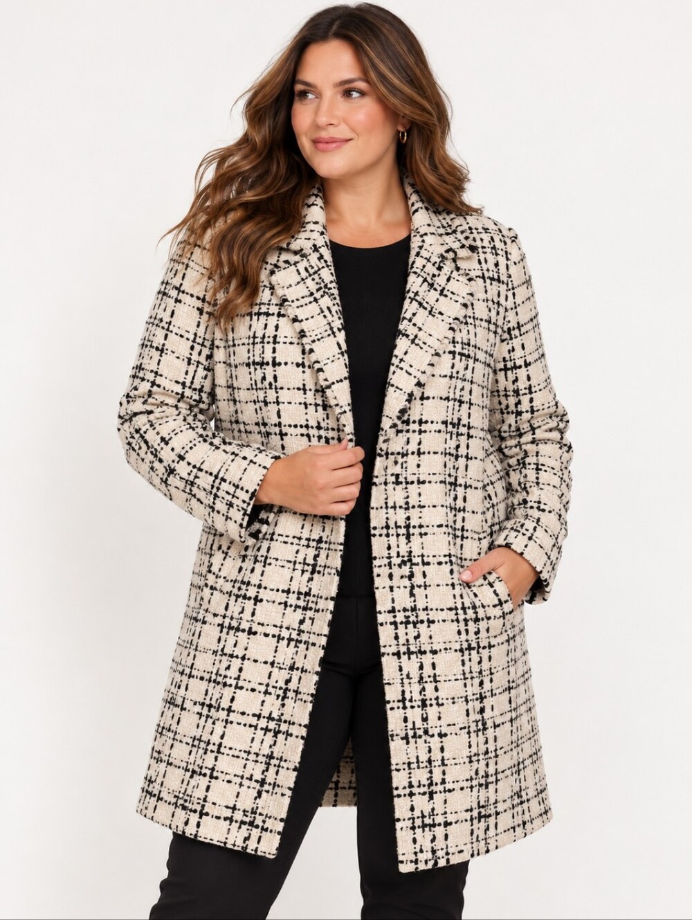 Talbots Black White Plaid Bouclé Wool Blend Winter Coat Size 16